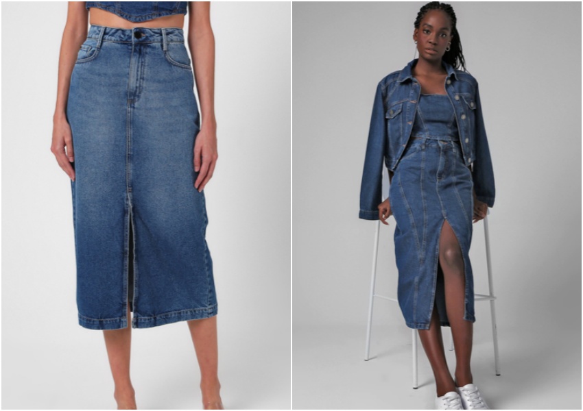 A saia jeans midi também fica incrível em um look total jeans 